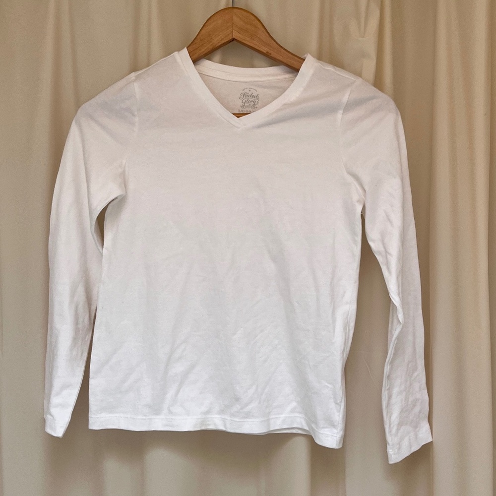 faded glory girls white v-neck long sleeve t-shirt large